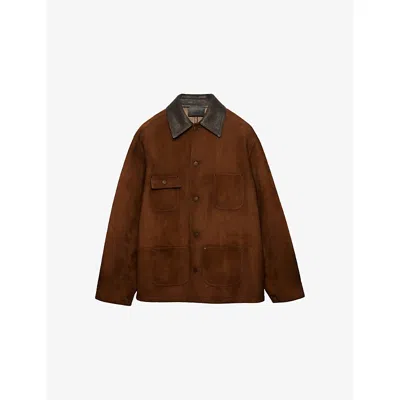 Prada Mens Brown Caban Leather-collar Suede Jacket In Brown