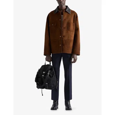 Prada Mens Brown Caban Leather-collar Suede Jacket In Brown