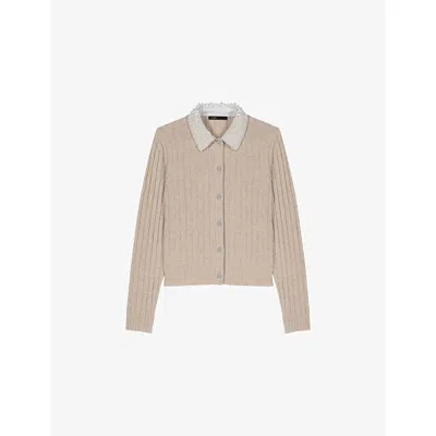 Maje Womens Beige Beaded Removable-collar Stretch Wool-blend Cardigan In Neutral