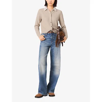 Maje Womens Beige Beaded Removable-collar Stretch Wool-blend Cardigan In Neutral