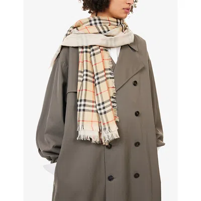 Burberry Womens Sand Checked Wool And Silk-blend Scarf In Brown