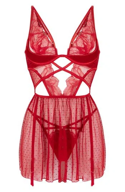 Hunkemoller Hunkemöller Billie Dot Mesh & Lace Chemise & G-string Set In Red