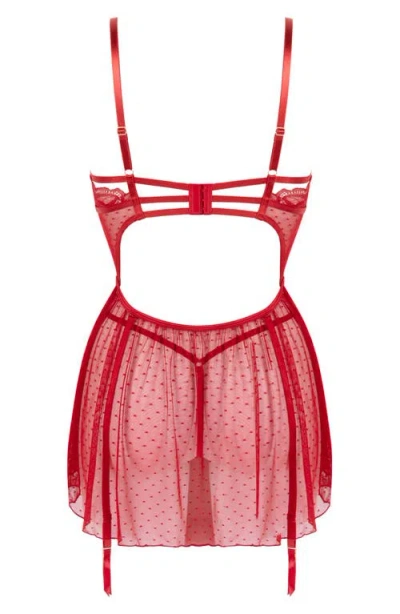 Hunkemoller Hunkemöller Billie Dot Mesh & Lace Chemise & G-string Set In Red