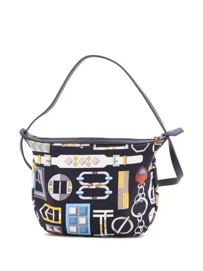 Pre-owned Hermes Sursoie To Go Pouch Printed Silk And Leather Crossbody Bag In Blue