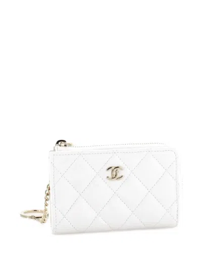 Pre-owned Chanel Zipped Key Holder Quilted Caviar Pouch In White