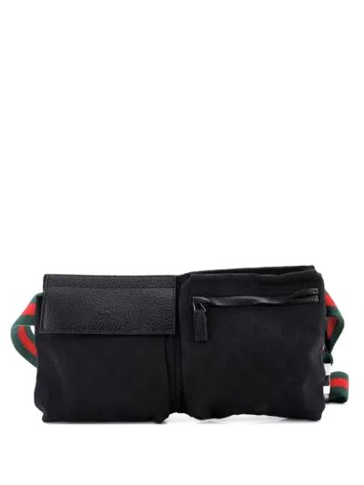 Pre-owned Gucci Vintage Double Gg Canvas With Leather Belt Bag In Black