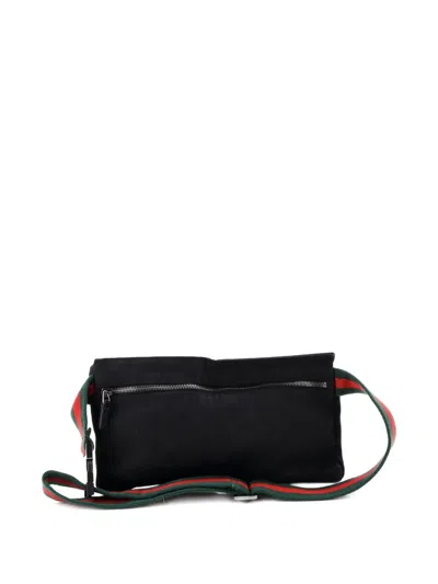 Pre-owned Gucci Vintage Double Gg Canvas With Leather Belt Bag In Black