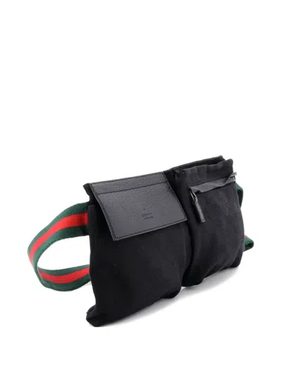 Pre-owned Gucci Vintage Double Gg Canvas With Leather Belt Bag In Black