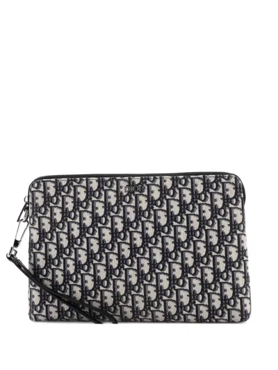 Pre-owned Dior Wristlet Oblique Canvas Clutch Bag In Blue