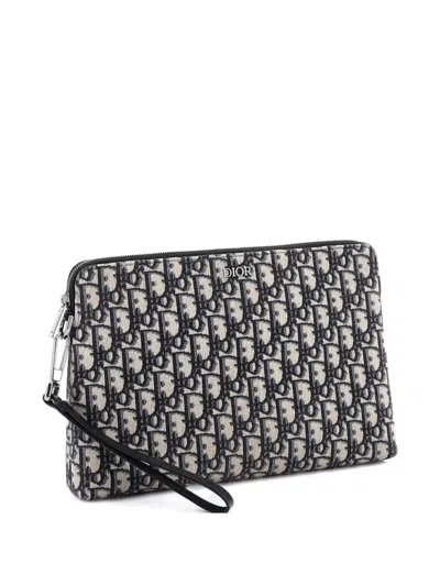 Pre-owned Dior Wristlet Oblique Canvas Clutch Bag In Blue