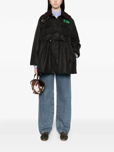Barbour Dark Brown Jacket With All-over Stripe Motif And Logo Patch On The Front In Waxed Cotton Woman