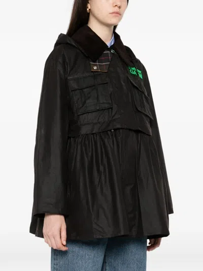 Barbour Dark Brown Jacket With All-over Stripe Motif And Logo Patch On The Front In Waxed Cotton Woman