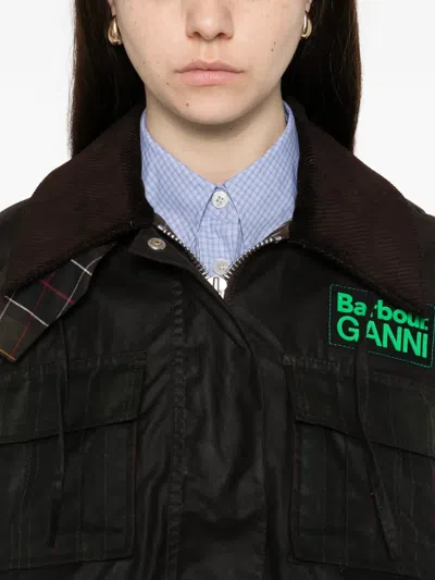 Barbour Dark Brown Jacket With All-over Stripe Motif And Logo Patch On The Front In Waxed Cotton Woman
