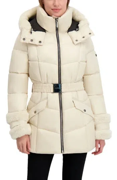 Laundry By Shelli Segal Petal Faux Fur Trim Hooded Puffer Jacket In White