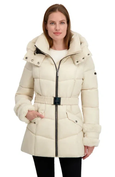 Laundry By Shelli Segal Petal Faux Fur Trim Hooded Puffer Jacket In White