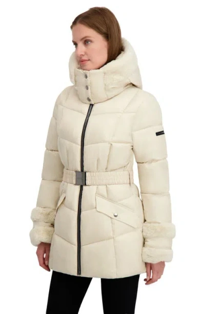 Laundry By Shelli Segal Petal Faux Fur Trim Hooded Puffer Jacket In White