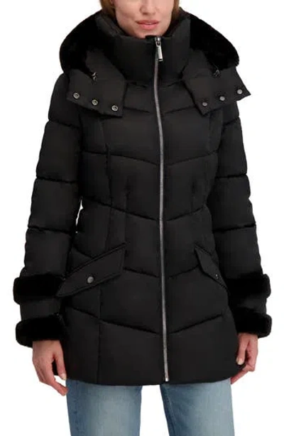 Laundry By Shelli Segal Petal Faux Fur Trim Hooded Puffer Jacket In Black