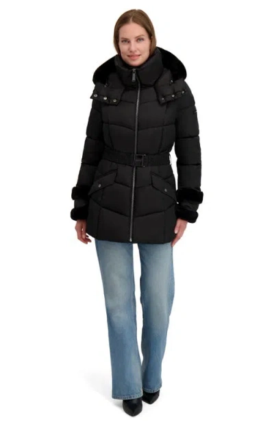 Laundry By Shelli Segal Petal Faux Fur Trim Hooded Puffer Jacket In Black