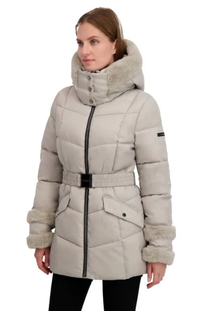 Laundry By Shelli Segal Petal Faux Fur Trim Hooded Puffer Jacket In Neutral