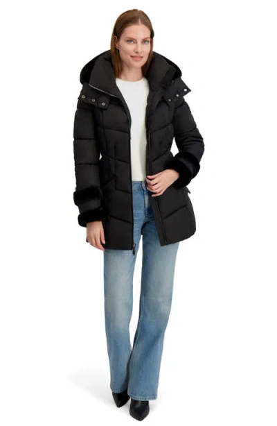 Laundry By Shelli Segal Petal Faux Fur Trim Hooded Puffer Jacket In Black