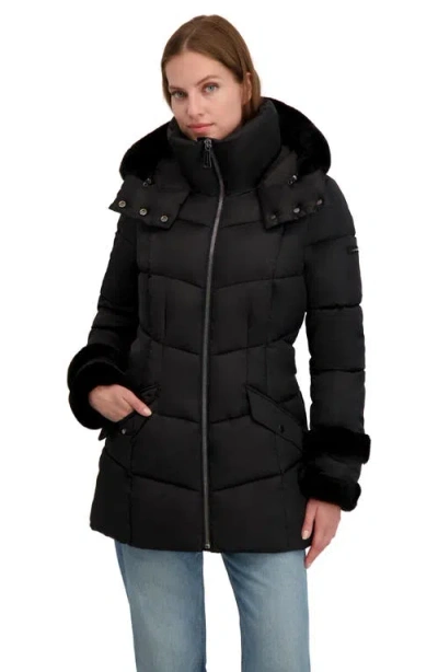Laundry By Shelli Segal Petal Faux Fur Trim Hooded Puffer Jacket In Black