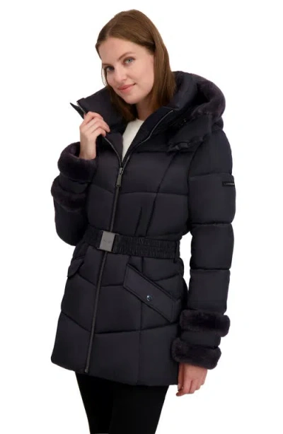 Laundry By Shelli Segal Petal Faux Fur Trim Hooded Puffer Jacket In Black