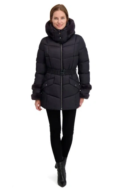 Laundry By Shelli Segal Petal Faux Fur Trim Hooded Puffer Jacket In Black