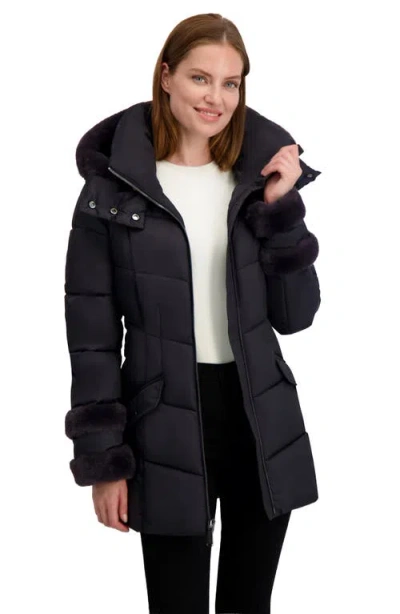 Laundry By Shelli Segal Petal Faux Fur Trim Hooded Puffer Jacket In Black