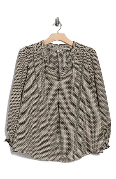 Max Studio Split Neck Long Sleeve Crepe Top In Brown