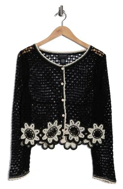 Forgotten Grace Scallop Trim Crochet Sweater In Black