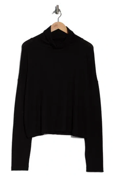 Renee C Cowl Neck Long Sleeve Brushed Knit Crop Top In Black