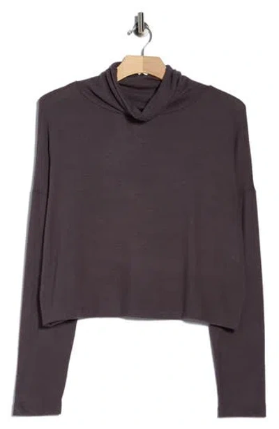 Renee C Cowl Neck Long Sleeve Brushed Knit Crop Top In Gray