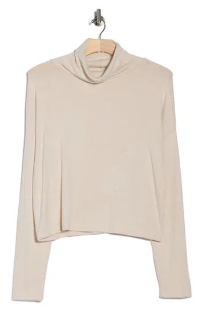 Renee C Cowl Neck Long Sleeve Brushed Knit Crop Top In Neutral