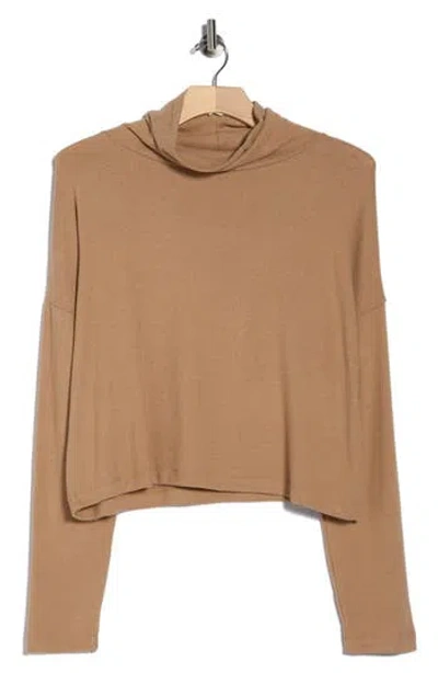 Renee C Cowl Neck Long Sleeve Brushed Knit Crop Top In Brown