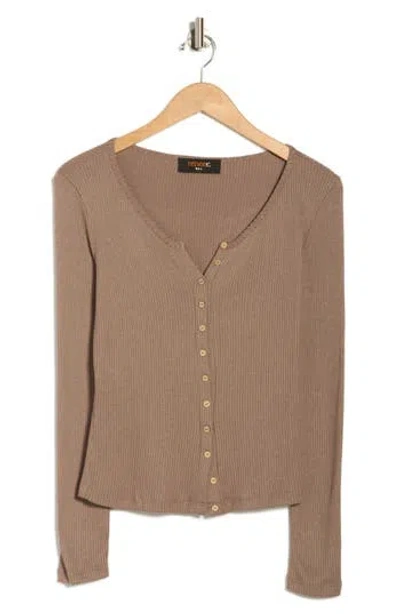 Renee C Button Front Long Sleeve Ribbed Top In Brown