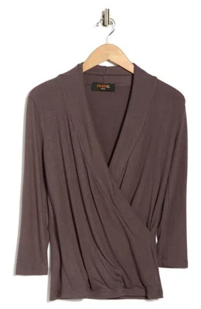 Renee C Surplice Long Sleeve Brushed Knit Top In Brown