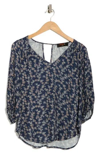 Renee C Floral Back Keyhole Balloon Sleeve Top In Blue