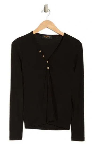 Renee C V-neck Long Sleeve Crop Henley Top In Black