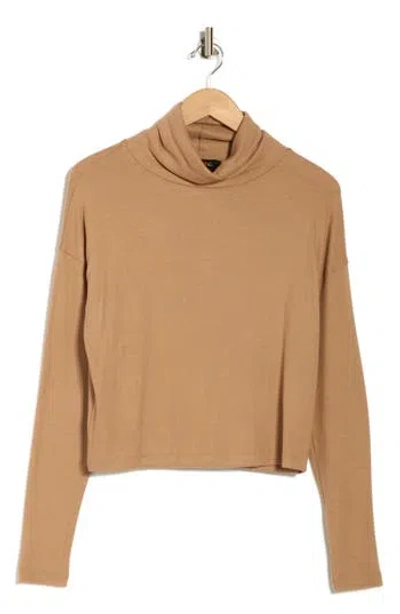 Renee C Cowl Neck Long Sleeve Brushed Knit Crop Top In Brown