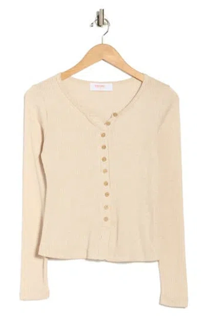 Renee C Button Front Long Sleeve Ribbed Top In Brown