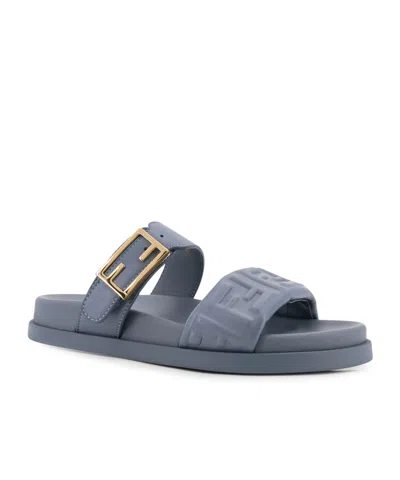 Fendi Feel Embossed Ff Leather Flat Sandals In Blue