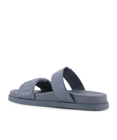 Fendi Feel Embossed Ff Leather Flat Sandals In Blue