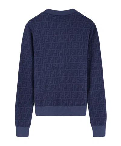 Fendi Ff Jacquard Crewneck Buttoned Cardigan In Blue