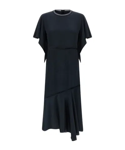 Fabiana Filippi Dress Ruffle Detail Asymmetrical Hem Round Neckline In Blue