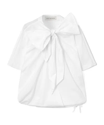 Dries Van Noten Tie-neck Gathered Cotton-poplin Blouse In White