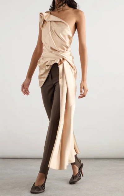 Dries Van Noten Asymmetric Open-back Gathered Satin Blouse In Gold