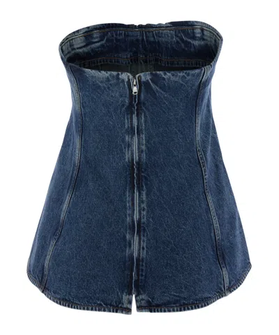 Agolde Lara Strapless Corset Peplum Denim Top In Blue