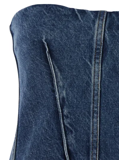 Agolde Lara Strapless Corset Peplum Denim Top In Blue