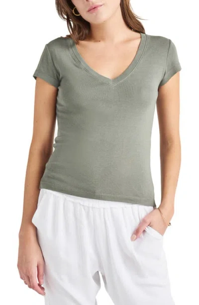 Splendid Faye V-neck Tee In Soft Vintage Olive Branch In Gray