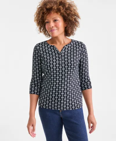 Style & Co Women's Printed 3/4-sleeve Henley Top, Macy's Exclusive In Black